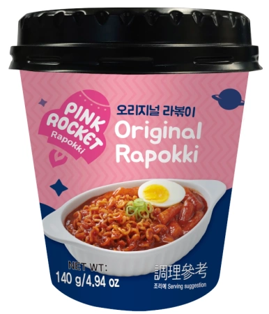 Original Rapokki, kluski ryżowe z makaronem w sosie pikantnym 140G Pink Rocket